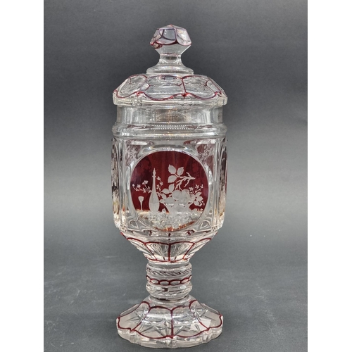 1379 - A good 19th century Bohemian ruby flashed and cut glass goblet & cover, 29.5cm high; together wi... 