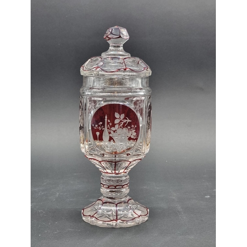 1379 - A good 19th century Bohemian ruby flashed and cut glass goblet & cover, 29.5cm high; together wi... 