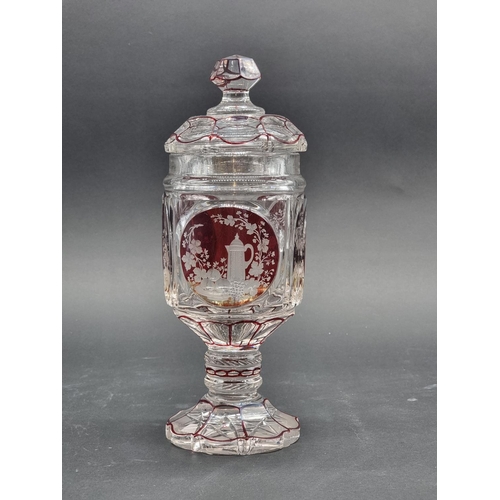 1379 - A good 19th century Bohemian ruby flashed and cut glass goblet & cover, 29.5cm high; together wi... 