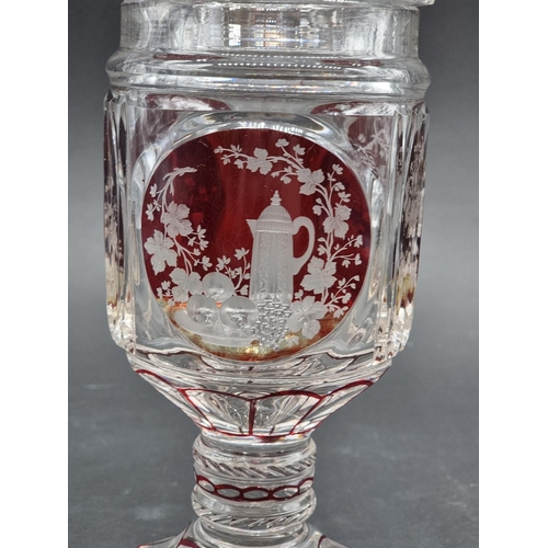 1379 - A good 19th century Bohemian ruby flashed and cut glass goblet & cover, 29.5cm high; together wi... 