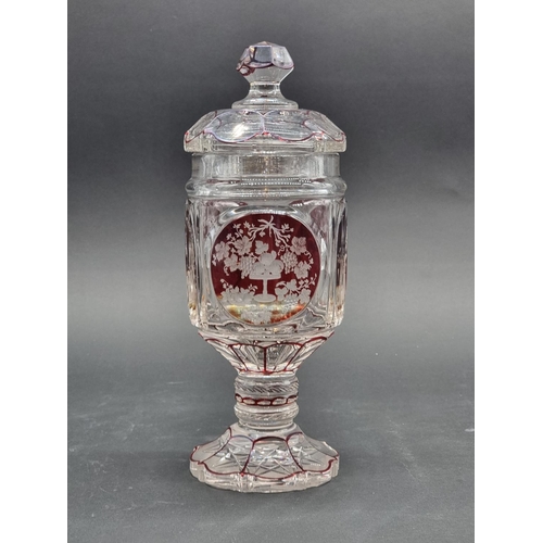 1379 - A good 19th century Bohemian ruby flashed and cut glass goblet & cover, 29.5cm high; together wi... 