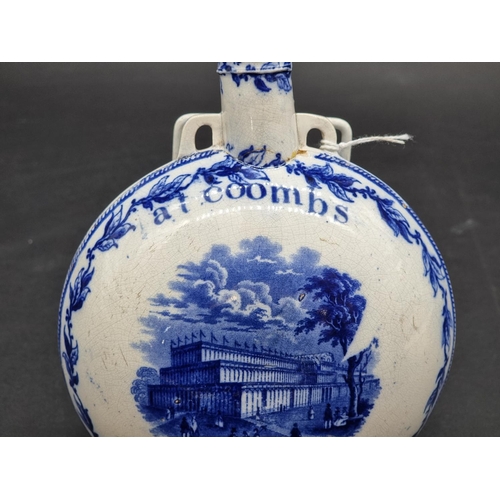 1390 - A rare 1851 Great Exhibition blue and white pottery hand warmer, inscribed 'at coombs', 18cm high, (... 