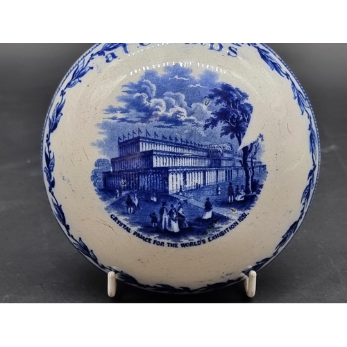 1390 - A rare 1851 Great Exhibition blue and white pottery hand warmer, inscribed 'at coombs', 18cm high, (... 