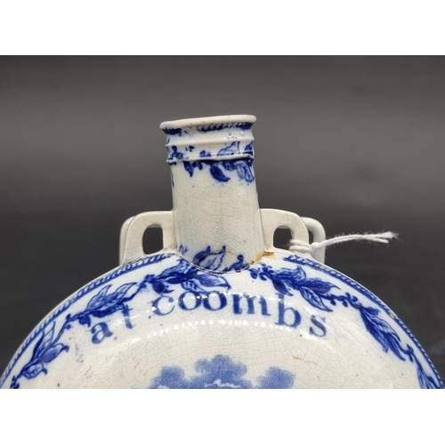 1390 - A rare 1851 Great Exhibition blue and white pottery hand warmer, inscribed 'at coombs', 18cm high, (... 