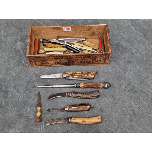 1399 - A collection of vintage penknives and similar, in old pine box.