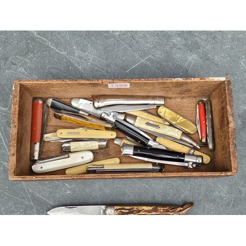 1399 - A collection of vintage penknives and similar, in old pine box.