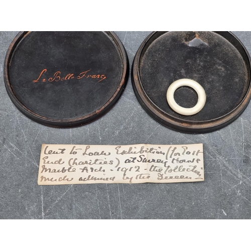 1403 - Three early 19th century Stobwasser style circular boxes and covers, one inscribed 'La Belle Frasc',... 