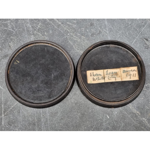 1403 - Three early 19th century Stobwasser style circular boxes and covers, one inscribed 'La Belle Frasc',... 