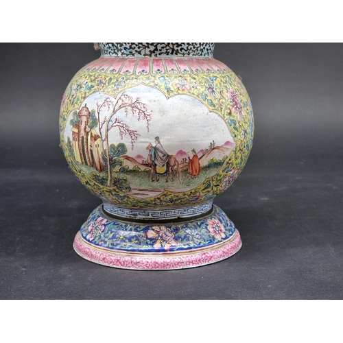 1411 - A Chinese Canton enamel twin handled vase and stand, 18th century, 28cm high, (a.f.).... 