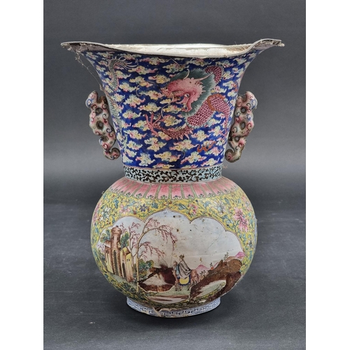 1411 - A Chinese Canton enamel twin handled vase and stand, 18th century, 28cm high, (a.f.).... 