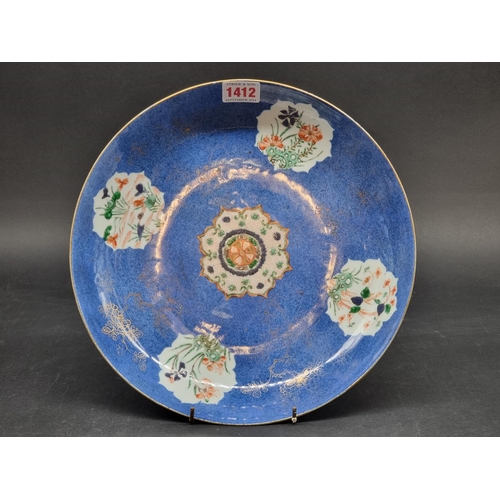 1412 - A Chinese famille vert and powder blue saucer dish, Kangxi, 28cm diameter.