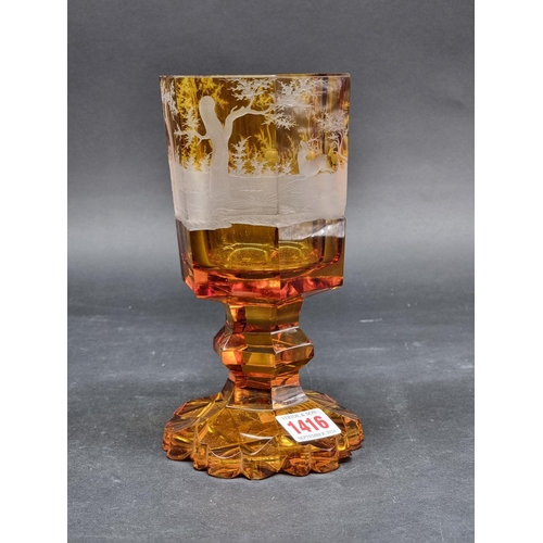 1416 - A 19th century Bohemian amber and cut glass hexagonal goblet, decorated with a continuous stag hunti... 