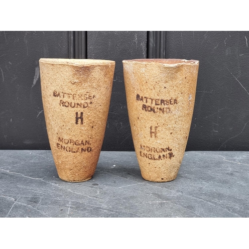 1422 - Two Battersea Round 'H' crucibles, by Morgan, 15.5cm high.