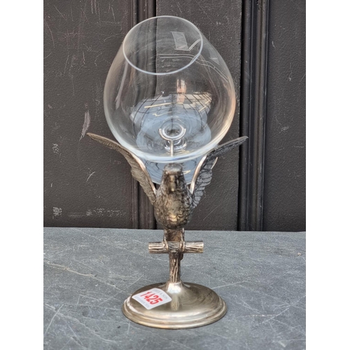 1425 - An unusual electroplated novelty budgerigar brandy glass warmer, height excluding glass 13.5cm.... 