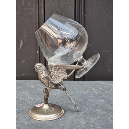 1425 - An unusual electroplated novelty budgerigar brandy glass warmer, height excluding glass 13.5cm.... 