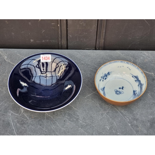 1434 - A Chinese Nanking Cargo bowl, 15cm diameter; together with another Chinese blue glazed dish, relief ... 