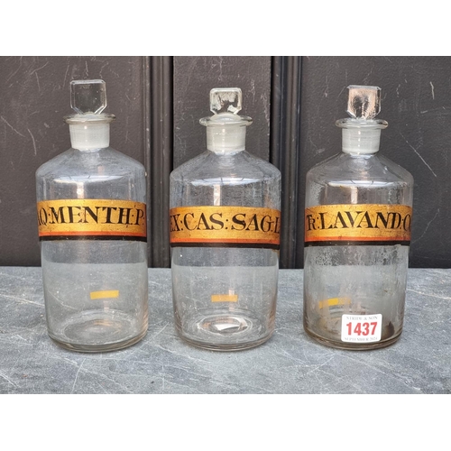 1437 - A set of three Victorian clear glass apothecary bottles and stoppers, 20cm high.