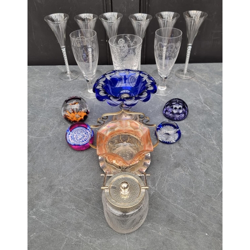 1443 - An interesting group of glassware, to include a set of six opaque twist glasses, 21cm high, (chip to... 