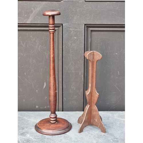 1452 - An old mahogany wig stand, 46cm high; and another. (2)