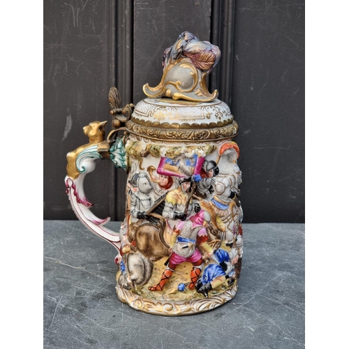 1458 - A Dresden porcelain tankard, with gilt brass mounts, 25cm high. 