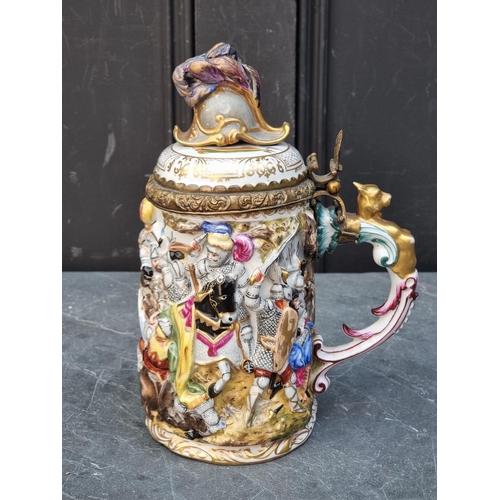 1458 - A Dresden porcelain tankard, with gilt brass mounts, 25cm high. 