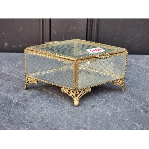 1466 - An old brass and glass lozenge form casket, 21cm wide. 