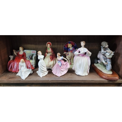 1476 - Seven Royal Doulton figures, to include 'Sweet and Twenty', HN1298, (restored); 'Her Ladyship',... 