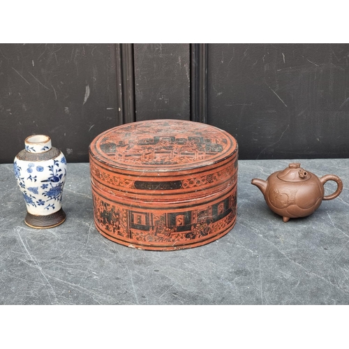 1484 - A Chinese red lacquer circular box and cover, 20.5cm diameter; together with a small yixing teapot a... 