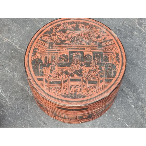 1484 - A Chinese red lacquer circular box and cover, 20.5cm diameter; together with a small yixing teapot a... 