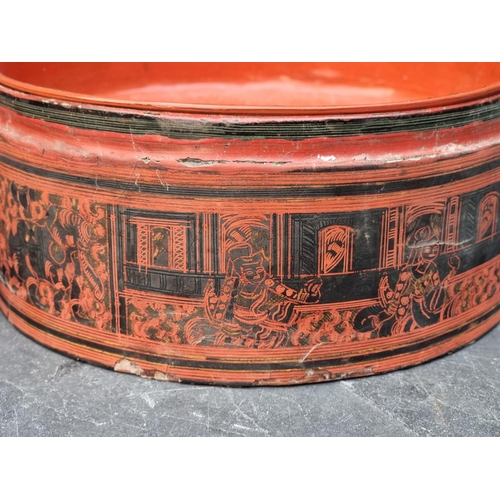 1484 - A Chinese red lacquer circular box and cover, 20.5cm diameter; together with a small yixing teapot a... 