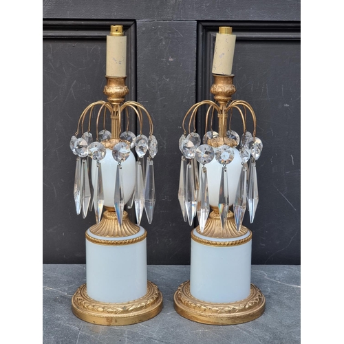 1490 - A pair of Regency style gilt brass and opaline glass table lamps, total height 39cm high.... 