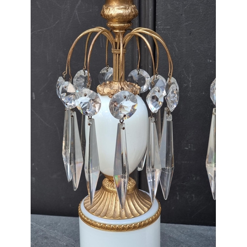 1490 - A pair of Regency style gilt brass and opaline glass table lamps, total height 39cm high.... 