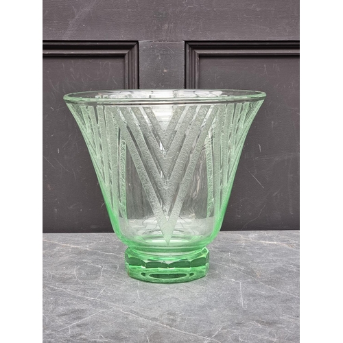 1504 - A large Daum Nancy Art Deco green glass vase, with etched geometric decoration, signed, 30.5cm high,... 