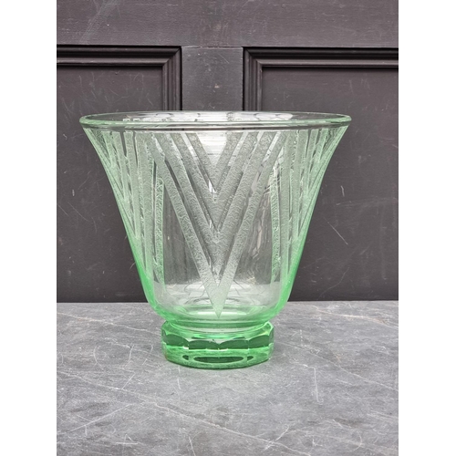 1504 - A large Daum Nancy Art Deco green glass vase, with etched geometric decoration, signed, 30.5cm high,... 