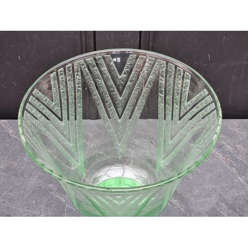 1504 - A large Daum Nancy Art Deco green glass vase, with etched geometric decoration, signed, 30.5cm high,... 