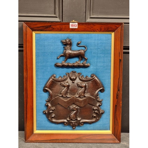 1513 - A carved oak coat of arms, by repute 'The Benne Family, Cranleigh, Surrey', in rosewood frame, the w... 