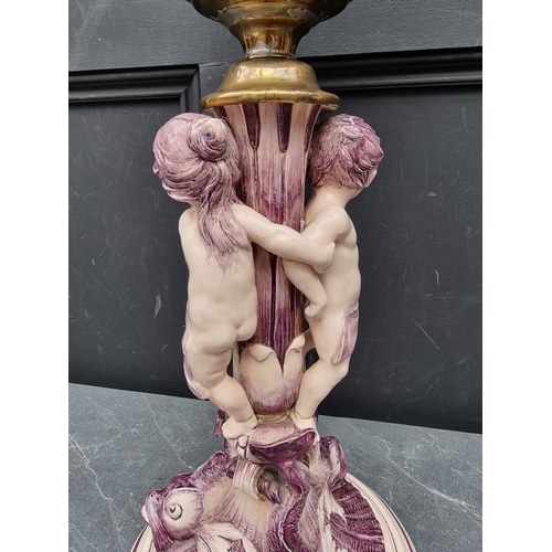 1519 - An Italian pottery figural oil lamp, height excluding chimney 66.5cm high, (repaired and conver... 