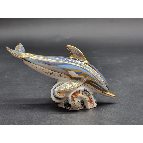 1570 - Royal Crown Derby Imari paperweights: 'The Striped Dolphin', gilt signed, with gold stopper, with Co... 