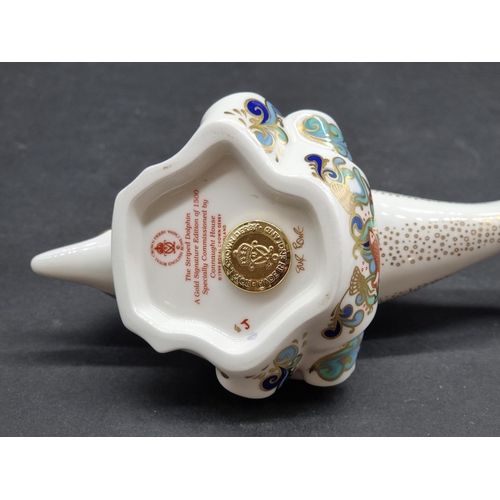 1570 - Royal Crown Derby Imari paperweights: 'The Striped Dolphin', gilt signed, with gold stopper, with Co... 