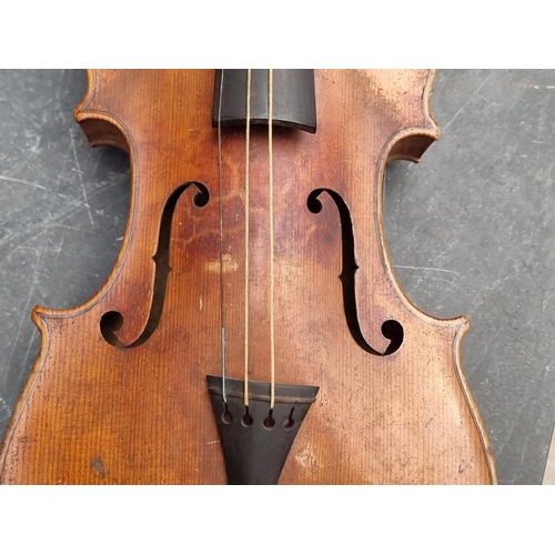 1678 - An antique Continental violin, with 14in two piece back, with bow inscribed 'Dodd, Made in Saxony', ... 