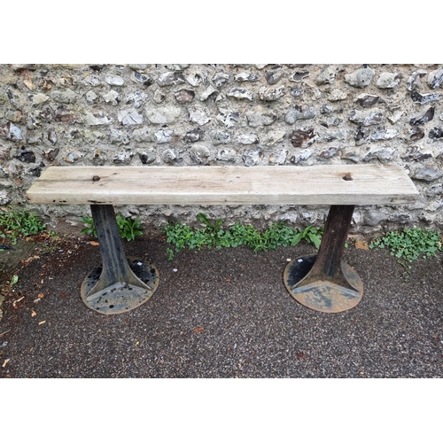 1719 - An unusual cast iron and pine bench, inscribed 'Wedlake, Hornchurch', 153cm wide.