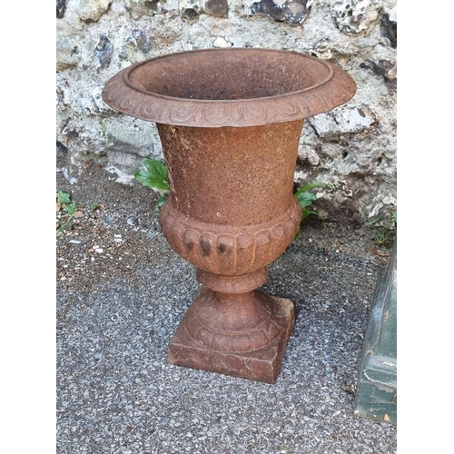 1722 - Two old cast iron Campana urns, one with plinth base, 68cm high. (2)