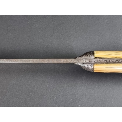 507 - A 19th century Afghan Khyber knife, with 29cm blade, the hilt having niello decoration and bone grip... 