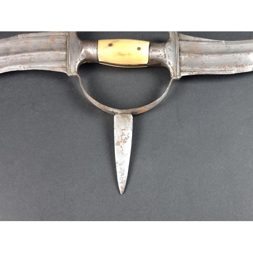 509 - An Indian Haladie steel triple bladed dagger, with twin re-curving fullered blades and central short... 