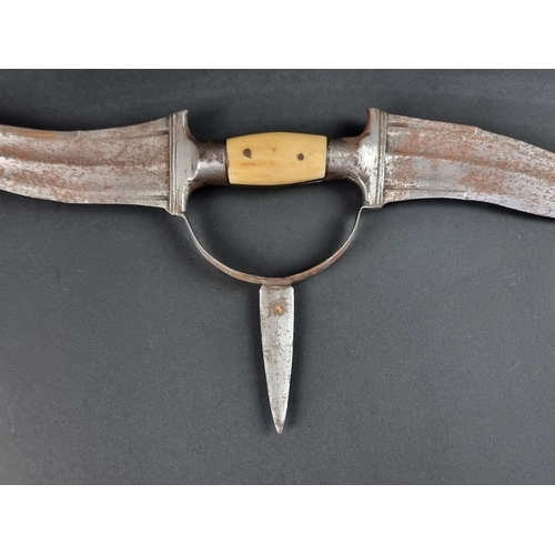 509 - An Indian Haladie steel triple bladed dagger, with twin re-curving fullered blades and central short... 