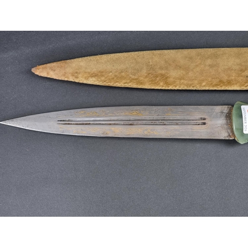 514 - An Eastern jade handled dagger and sheath, probably Indo Persian, with 24cm double edged blade, over... 