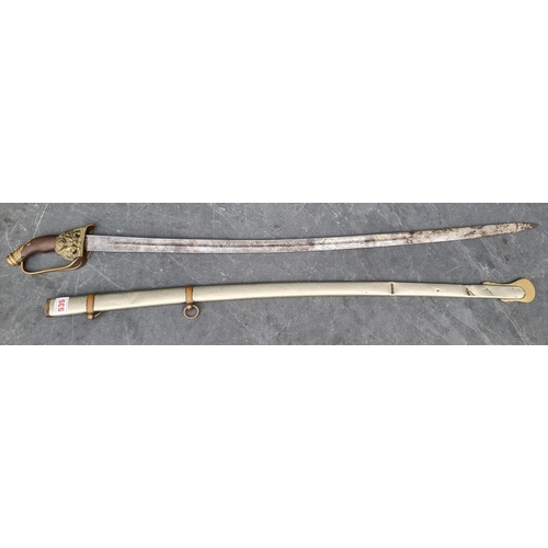 535 - A Turkish Ottoman Empire sword and scabbard, having 84cm curved blade, with brass guard and wooden g... 