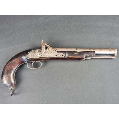 568 - A 19th century American percussion pistol, converted from flintlock, lock stamped 'Jas Golcher', ove... 