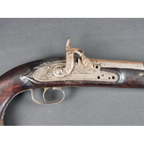 568 - A 19th century American percussion pistol, converted from flintlock, lock stamped 'Jas Golcher', ove... 