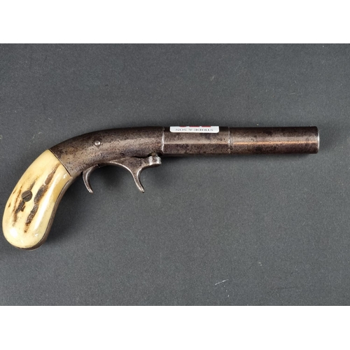 570 - An interesting 19th century American under hammer percussion pistol, with stag antler grip and part ... 